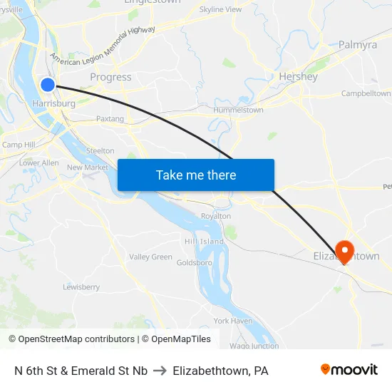 N 6th St & Emerald St Nb to Elizabethtown, PA map