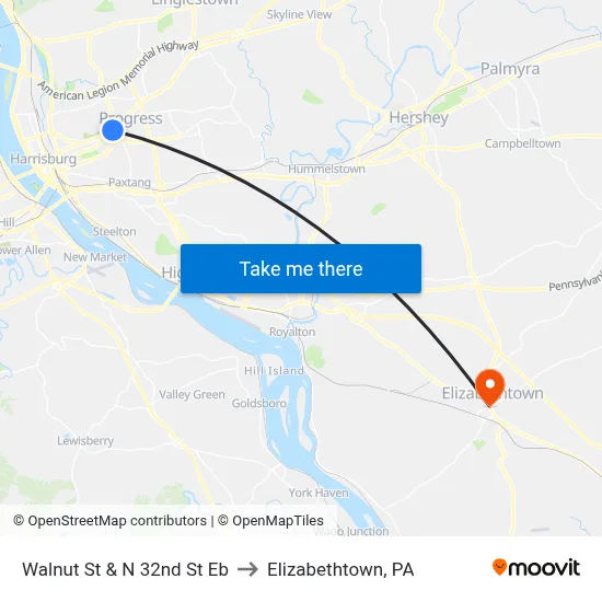 Walnut St & N 32nd St Eb to Elizabethtown, PA map