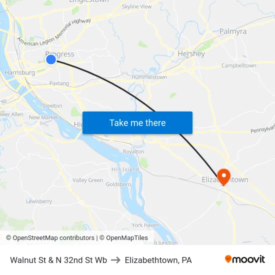 Walnut St & N 32nd St Wb to Elizabethtown, PA map