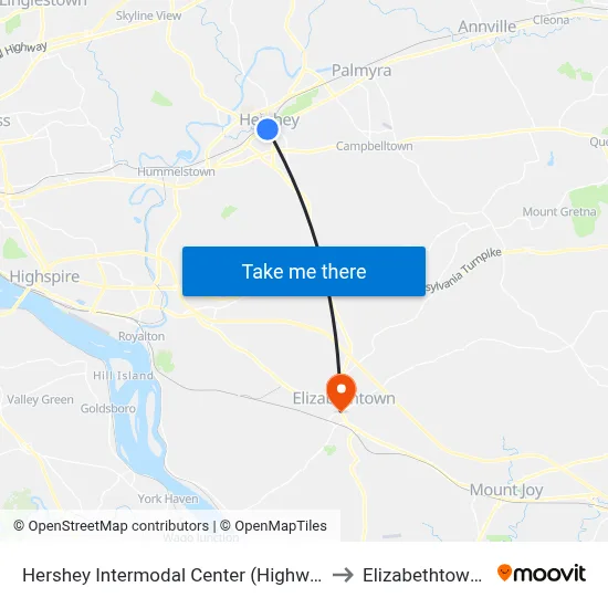 Hershey Intermodal Center (Highway Stop) to Elizabethtown, PA map