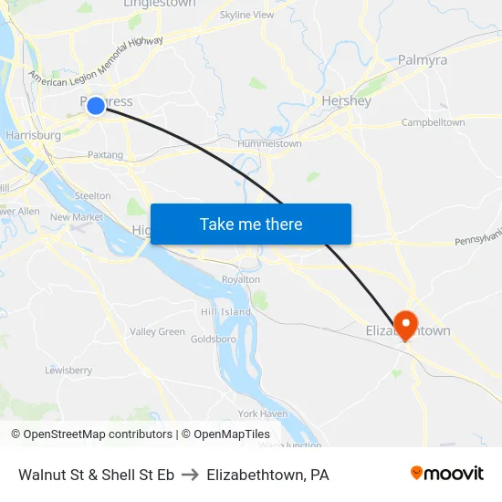 Walnut St & Shell St Eb to Elizabethtown, PA map