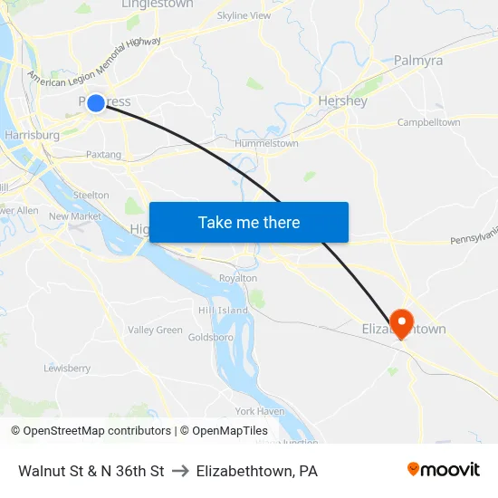 Walnut St & N 36th St to Elizabethtown, PA map