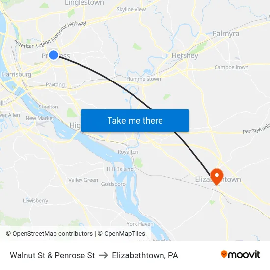 Walnut St & Penrose St to Elizabethtown, PA map