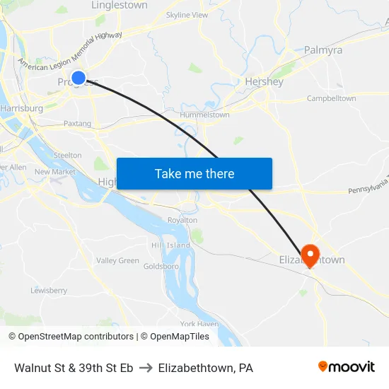 Walnut St & 39th St Eb to Elizabethtown, PA map