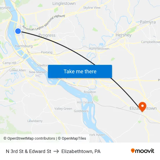 N 3rd St & Edward St to Elizabethtown, PA map
