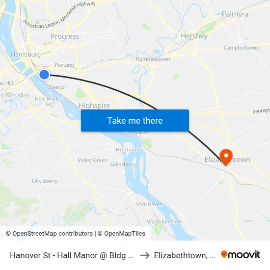Hanover St - Hall Manor @ Bldg #43 to Elizabethtown, PA map