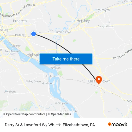 Derry St & Lawnford Wy Wb to Elizabethtown, PA map
