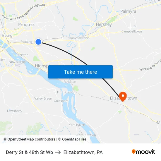 Derry St & 48th St Wb to Elizabethtown, PA map
