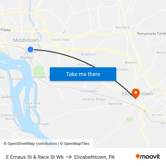 E Emaus St & Race St Wb to Elizabethtown, PA map