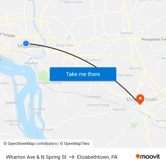 Wharton Ave & N Spring St to Elizabethtown, PA map
