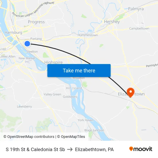 S 19th St & Caledonia St Sb to Elizabethtown, PA map
