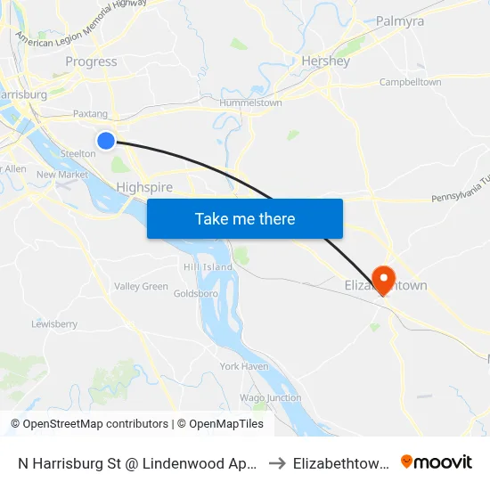 N Harrisburg St @ Lindenwood Apartments to Elizabethtown, PA map