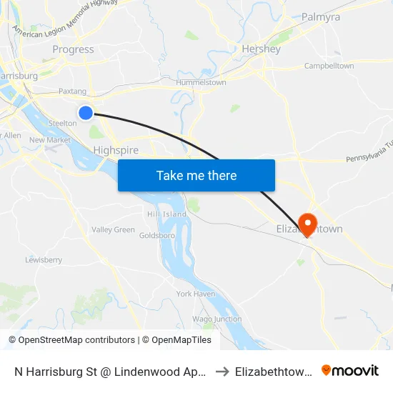 N Harrisburg St @ Lindenwood Apartments to Elizabethtown, PA map