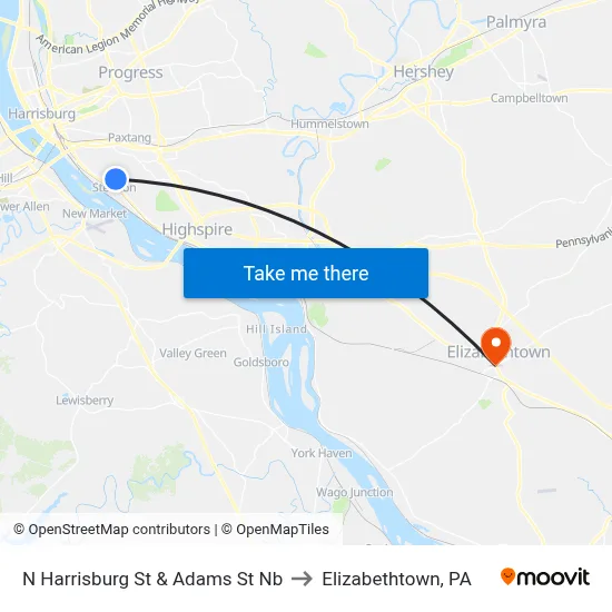 N Harrisburg St & Adams St Nb to Elizabethtown, PA map