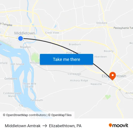 Middletown Amtrak to Elizabethtown, PA map