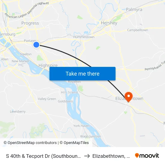S 40th & Tecport Dr (Southbound) to Elizabethtown, PA map