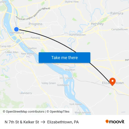 N 7th St & Kelker St to Elizabethtown, PA map