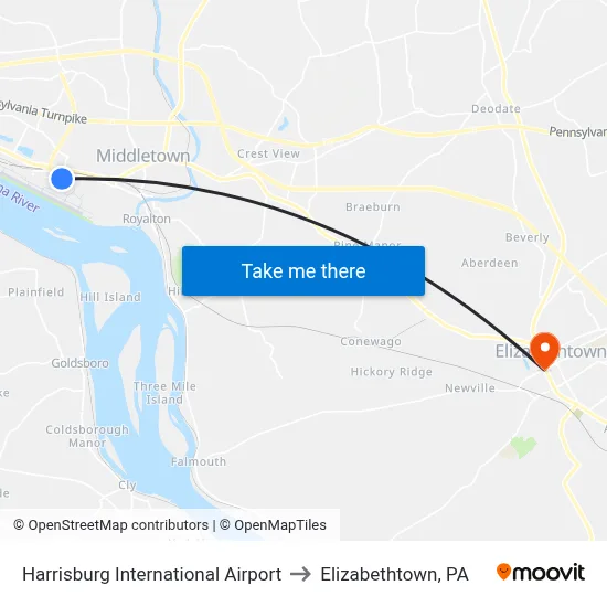 Harrisburg International Airport to Elizabethtown, PA map