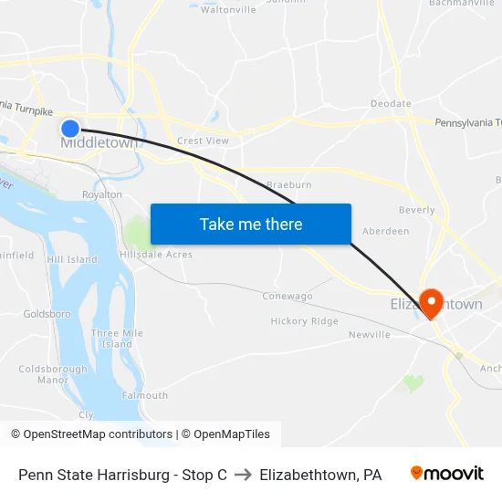 Penn State Harrisburg - Stop C to Elizabethtown, PA map