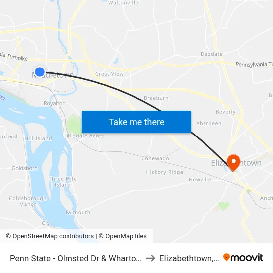 Penn State - Olmsted Dr & Wharton Ave to Elizabethtown, PA map