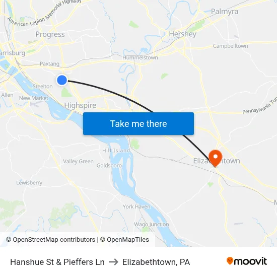 Hanshue St & Pieffers Ln to Elizabethtown, PA map