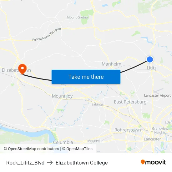 Rock_Lititz_Blvd to Elizabethtown College map