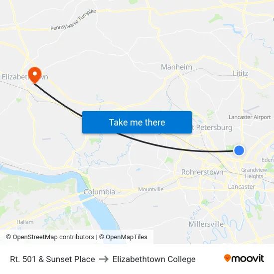 Rt. 501 & Sunset Place to Elizabethtown College map