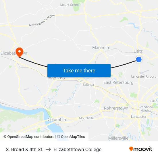 S. Broad & 4th St. to Elizabethtown College map