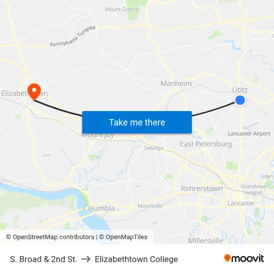 S. Broad & 2nd St. to Elizabethtown College map