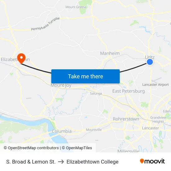 S. Broad & Lemon St. to Elizabethtown College map