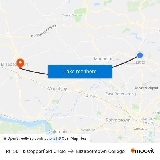 Rt. 501 & Copperfield Circle to Elizabethtown College map