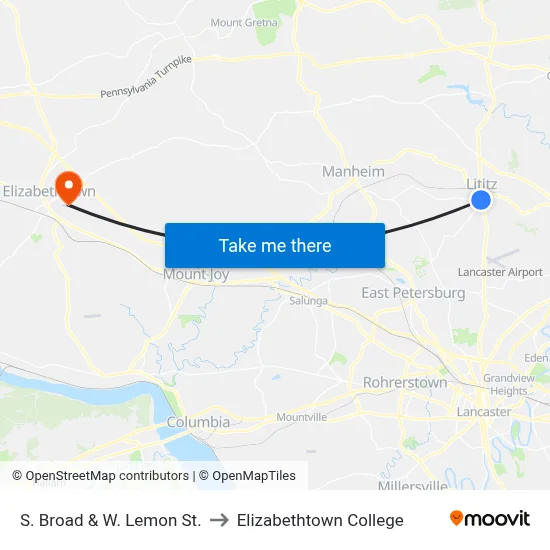 S. Broad & W. Lemon St. to Elizabethtown College map