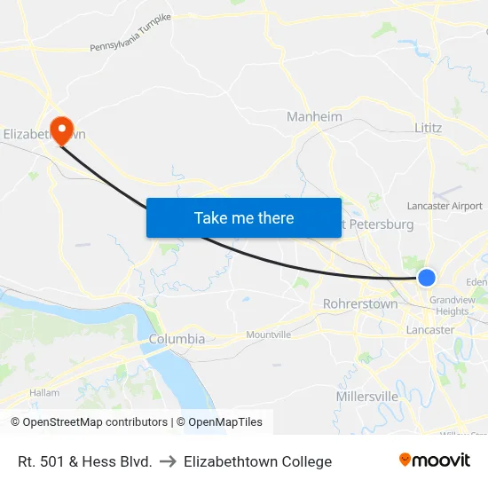 Rt. 501 & Hess Blvd. to Elizabethtown College map