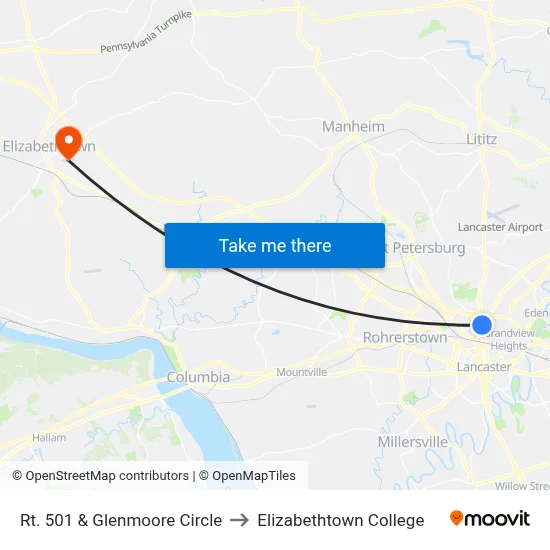 Rt. 501 & Glenmoore Circle to Elizabethtown College map