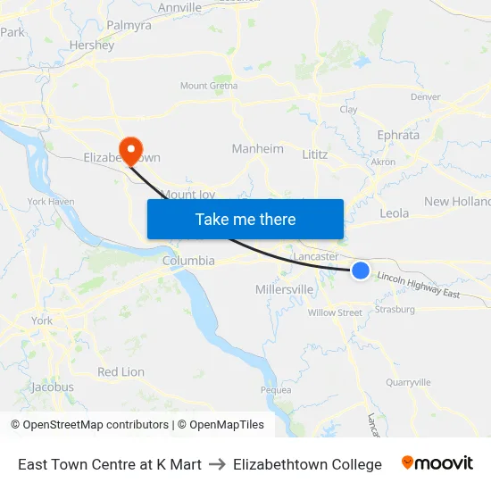 East Town Centre at K Mart to Elizabethtown College map