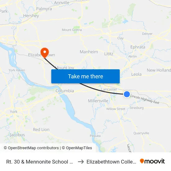 Rt. 30 & Mennonite School Rd. to Elizabethtown College map