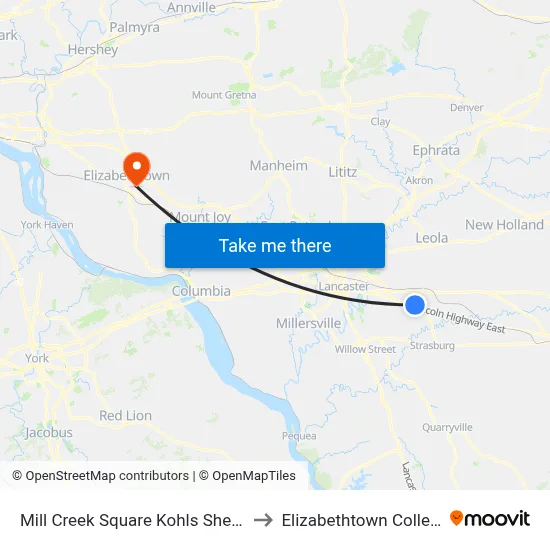 Mill Creek Square Kohls Shelter to Elizabethtown College map