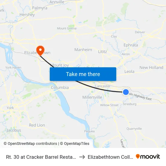 Rt. 30 at Cracker Barrel Restaurant to Elizabethtown College map
