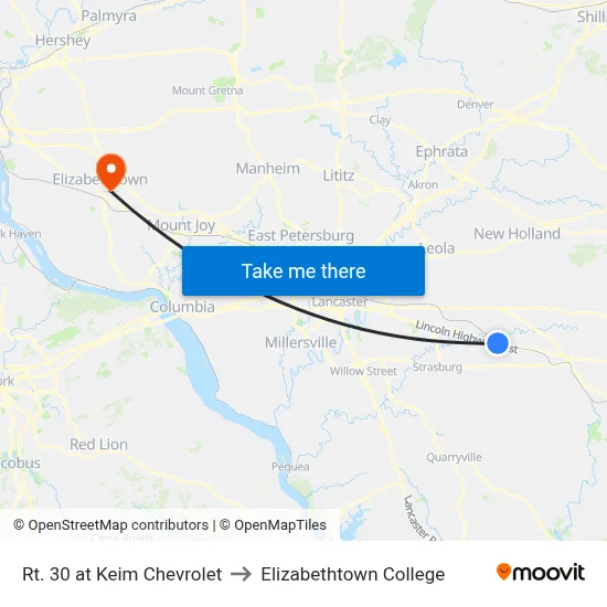 Rt. 30 at Keim Chevrolet to Elizabethtown College map