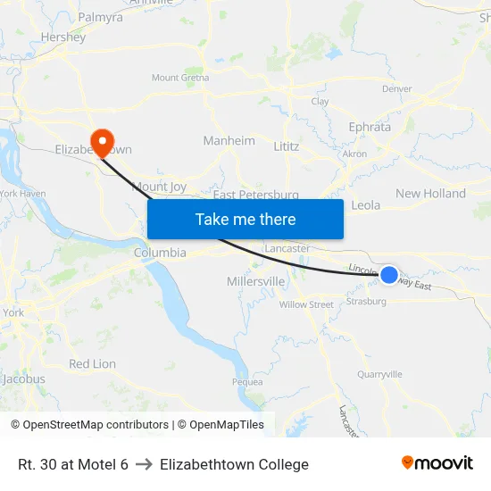 Rt. 30 at Motel 6 to Elizabethtown College map