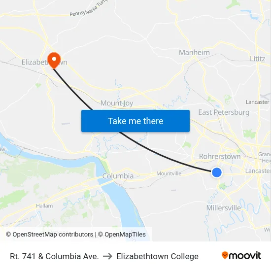 Rt. 741 & Columbia Ave. to Elizabethtown College map