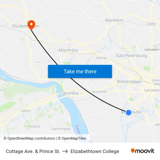 Cottage Ave. & Prince St. to Elizabethtown College map