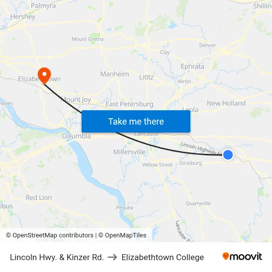 Lincoln Hwy. & Kinzer Rd. to Elizabethtown College map