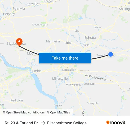 Rt. 23 & Earland Dr. to Elizabethtown College map