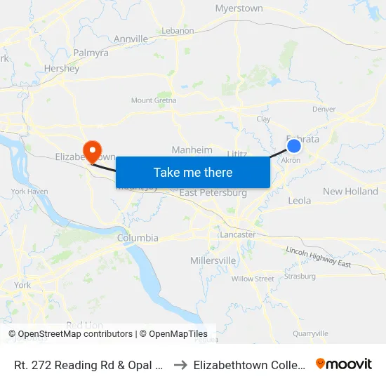 Rt. 272 Reading Rd & Opal St. to Elizabethtown College map