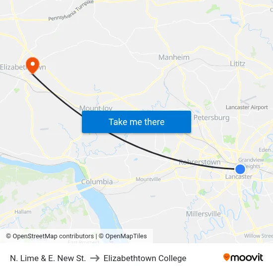 N. Lime & E. New St. to Elizabethtown College map