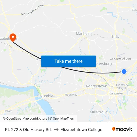 Rt. 272 & Old Hickory Rd. to Elizabethtown College map