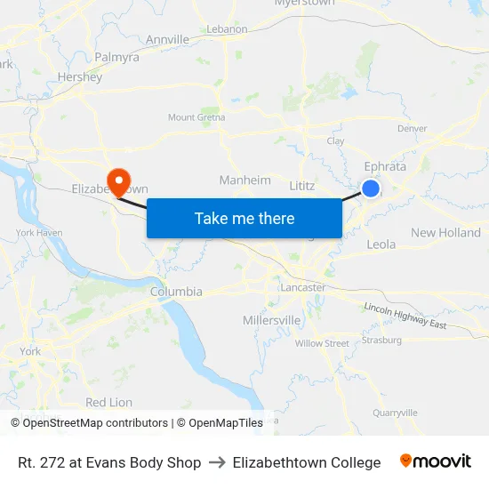 Rt. 272 at Evans Body Shop to Elizabethtown College map