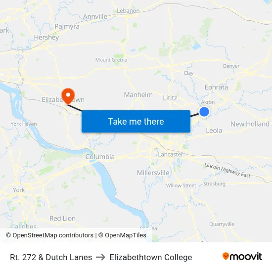 Rt. 272 & Dutch Lanes to Elizabethtown College map