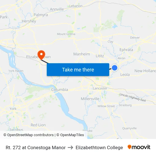 Rt. 272 at Conestoga Manor to Elizabethtown College map